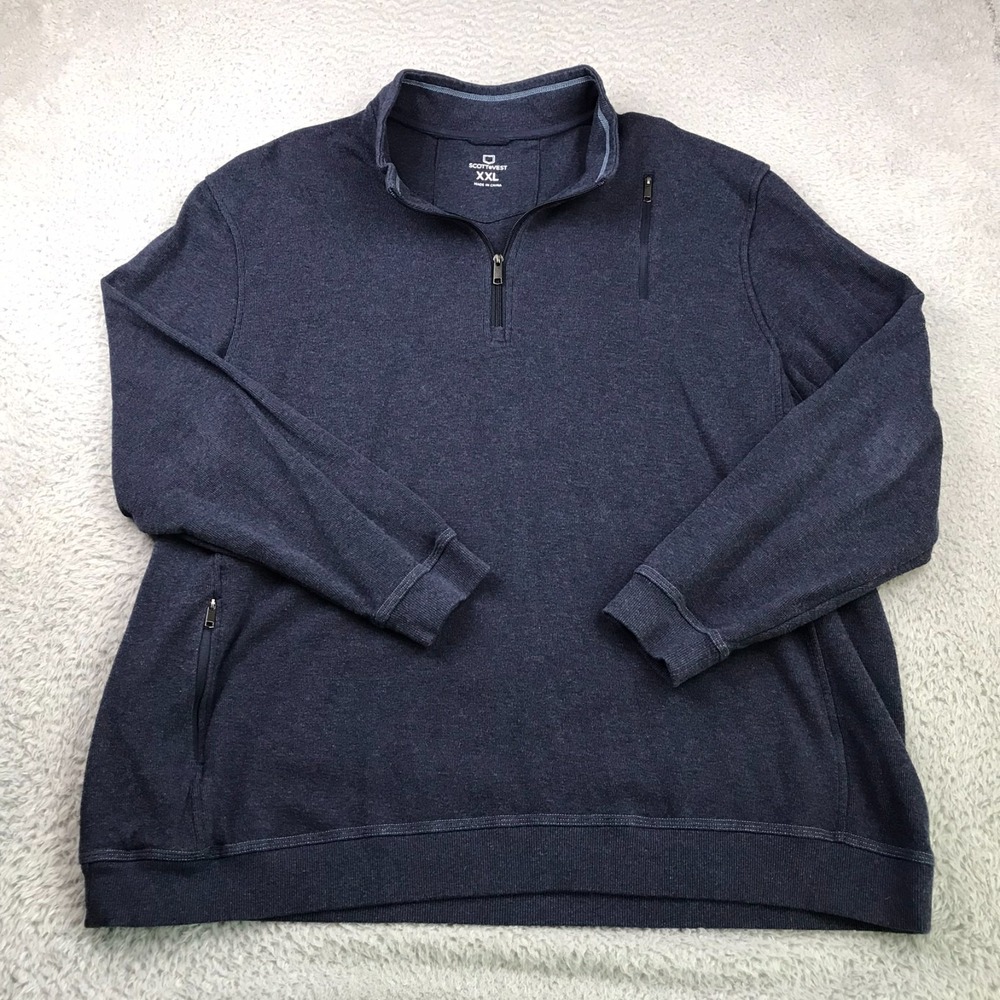 SCOTTeVEST 1/4 Zip Pullover Sweater Mens 2XL Navy 100% Cotton Tech Knit Pockets